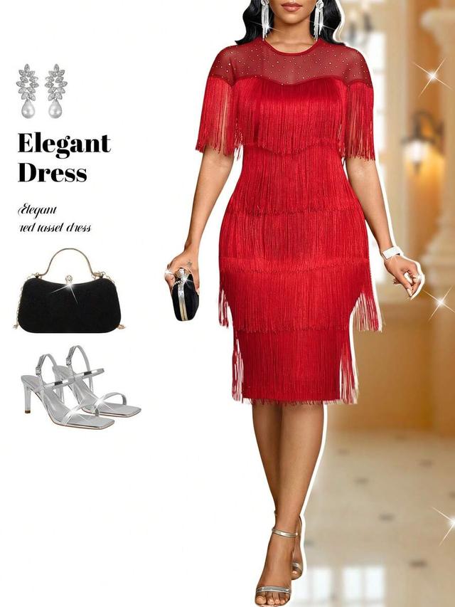 red fringe detail round neck cocktail party dress