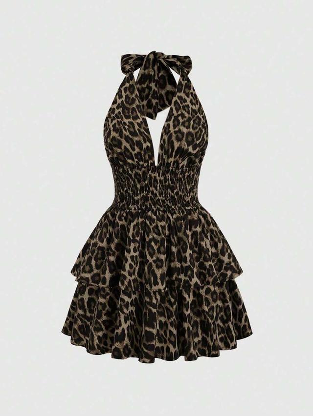 leopard print halter neck tiered mini dress