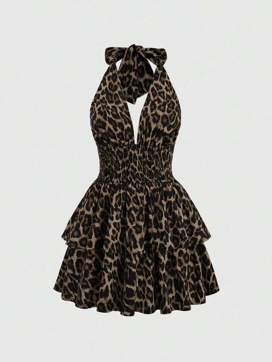 leopard print halter neck tiered mini dress