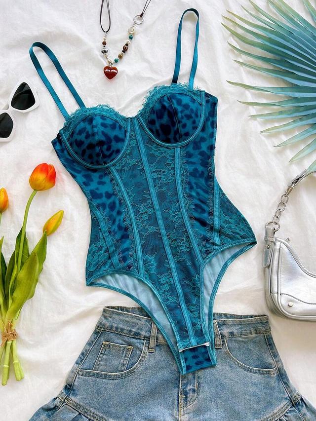 teal leopard print lace trim boned camisole bodysuit