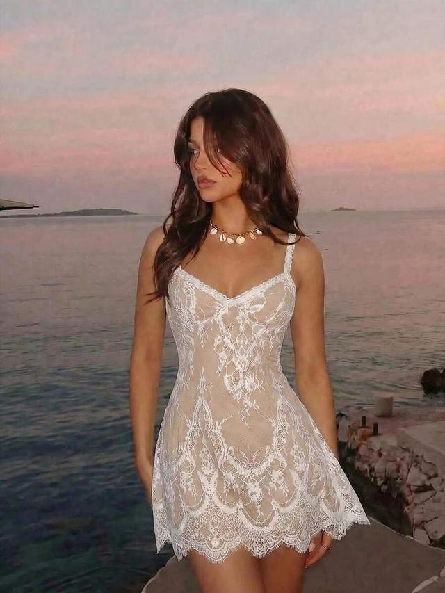 white lace mini slip dress with nude lining
