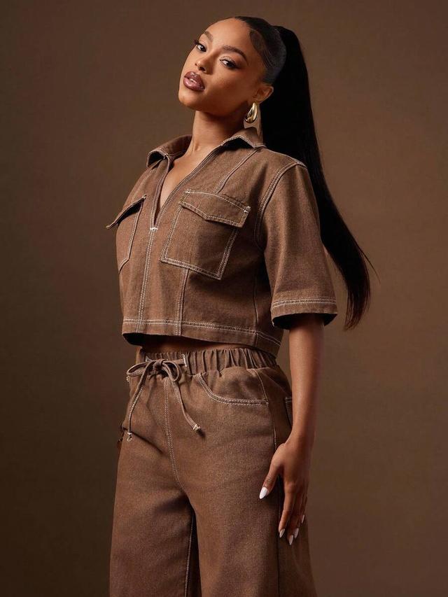 brown denim cropped shirt with contrast stitching