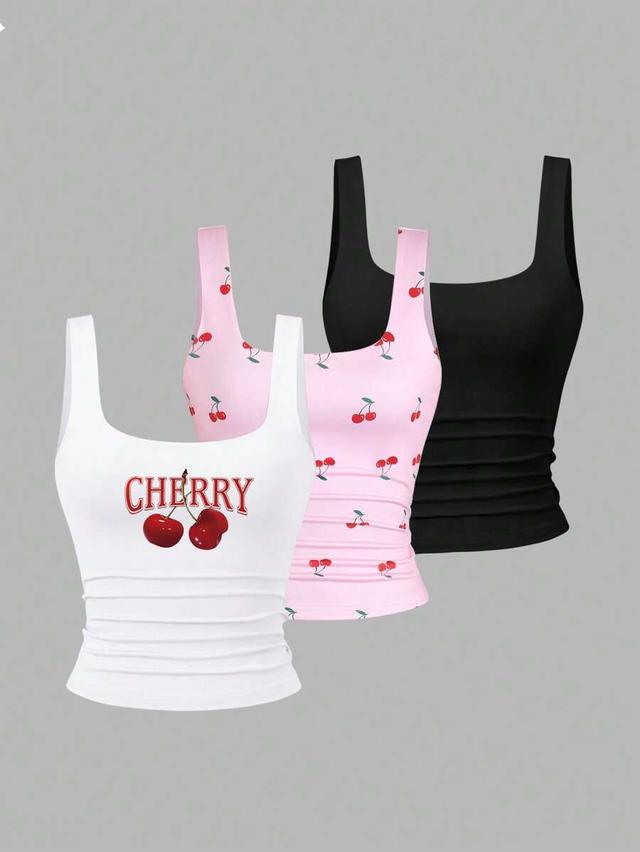 white square neck cherry print ruched tank top