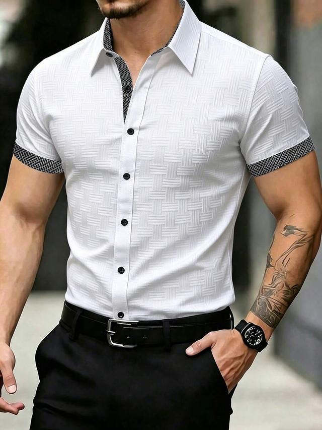 white textured short sleeve casual shirt with contrast trim