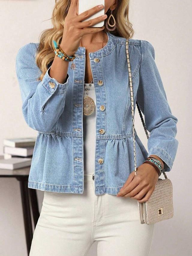 light wash denim peplum jacket with button front