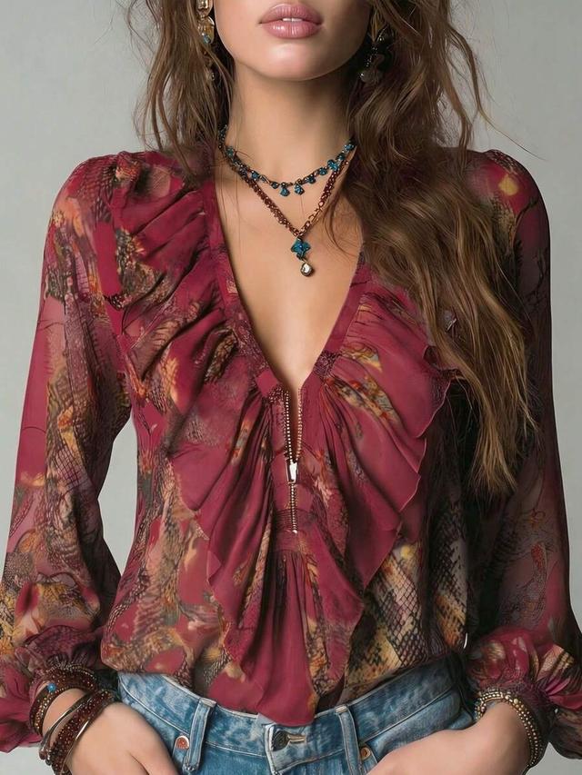 vintage french style printed chiffon ruffle zipper blouse