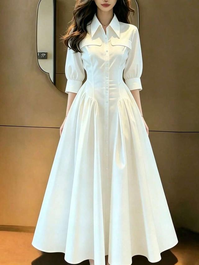white pleated shirt style waist cinched summer dress