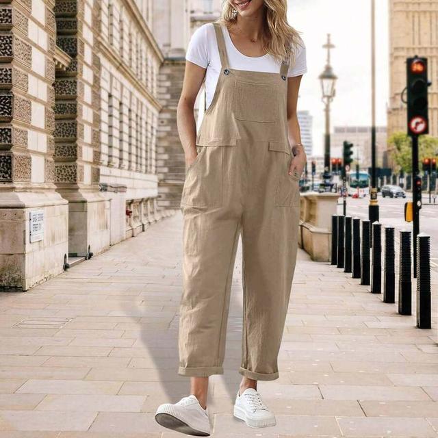loose beige cotton bib overall jumpsuit with pockets