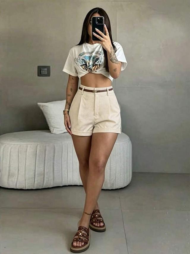 apricot high-waisted pleated woven tailored shorts