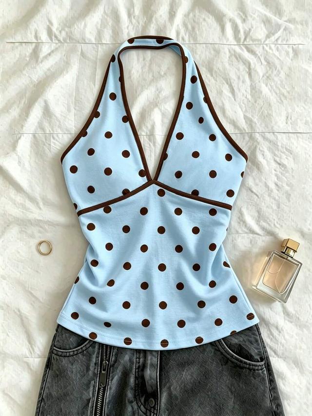 baby blue polka dot halter neck tank top
