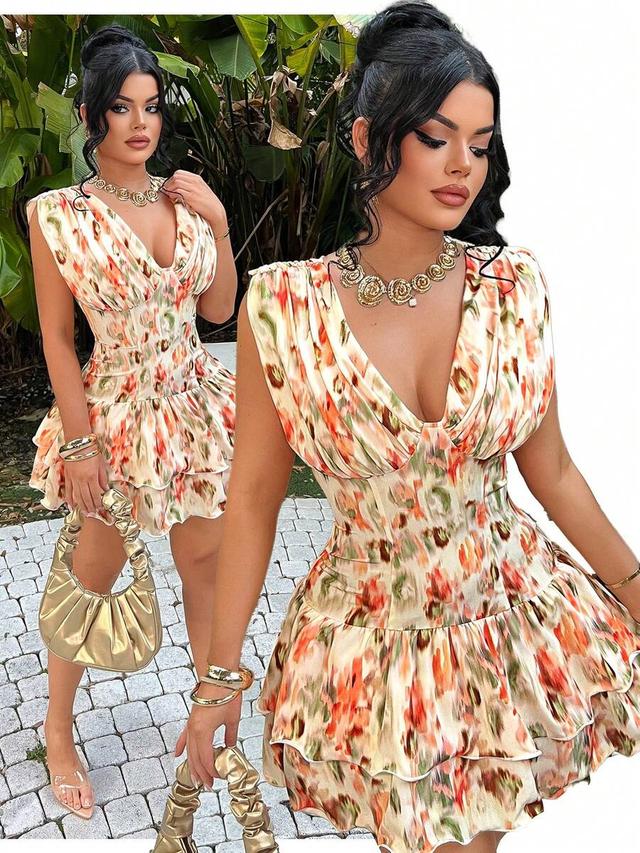floral print satin corset mini dress with ruffles