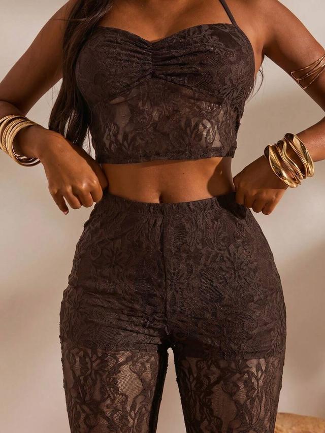 solid color lace halter neck slim fit pants set