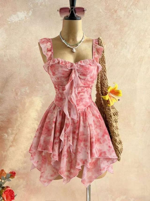 dusty pink ruffled asymmetric hem dreamy summer dress