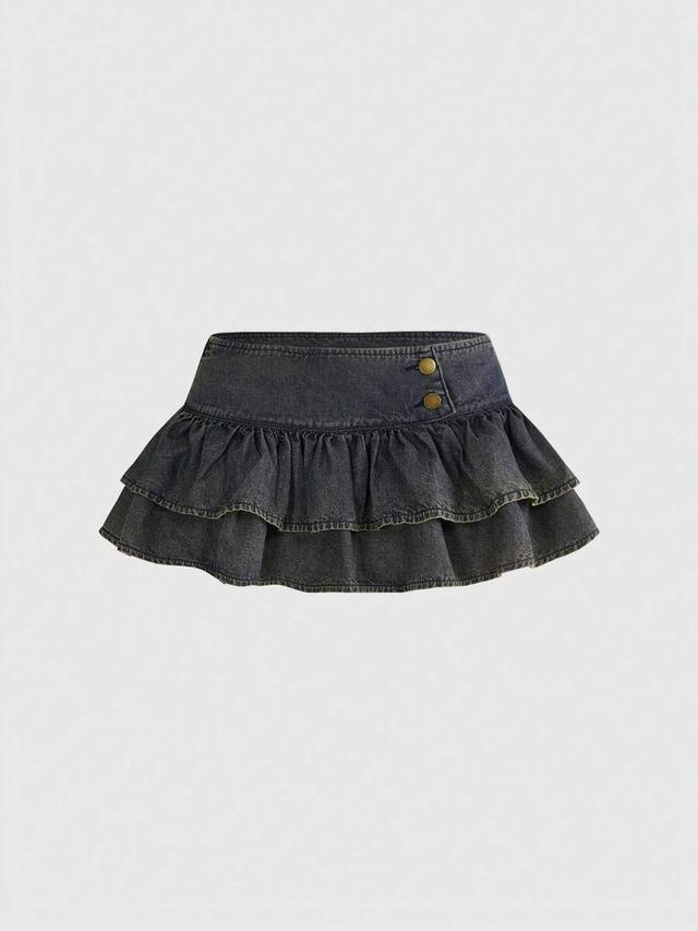 dark wash double-layer ruffle hem denim mini skirt