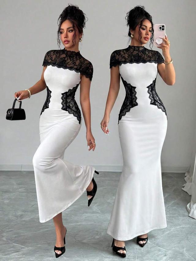 modelyn elegant lace patchwork hollow out contrast dress