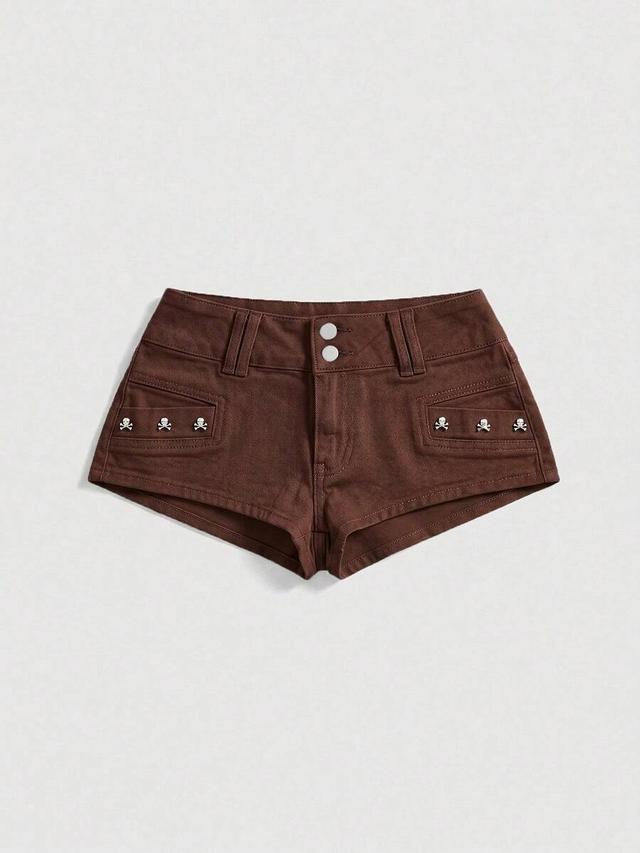 brown vintage distressed skull studded denim shorts