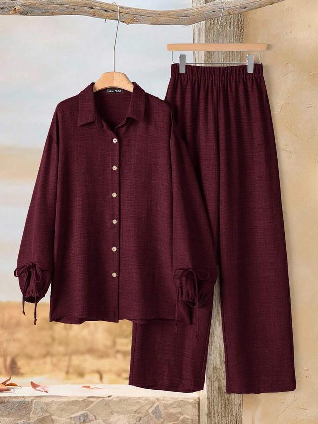 rusticease solid color single-breasted knot sleeve shirt