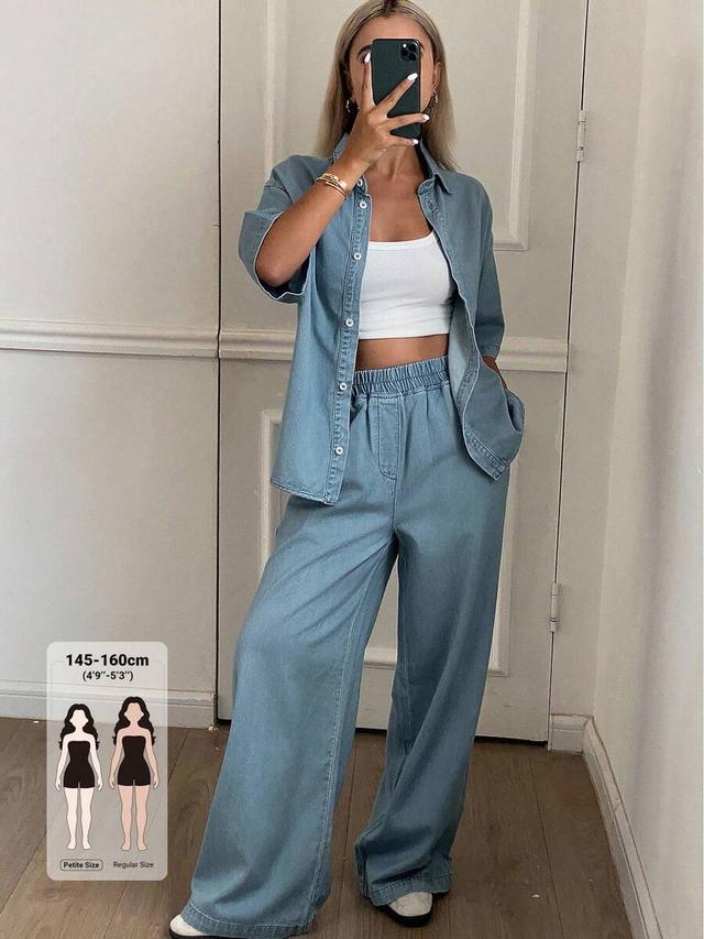 minimalist light wash denim shirt and wide leg pants