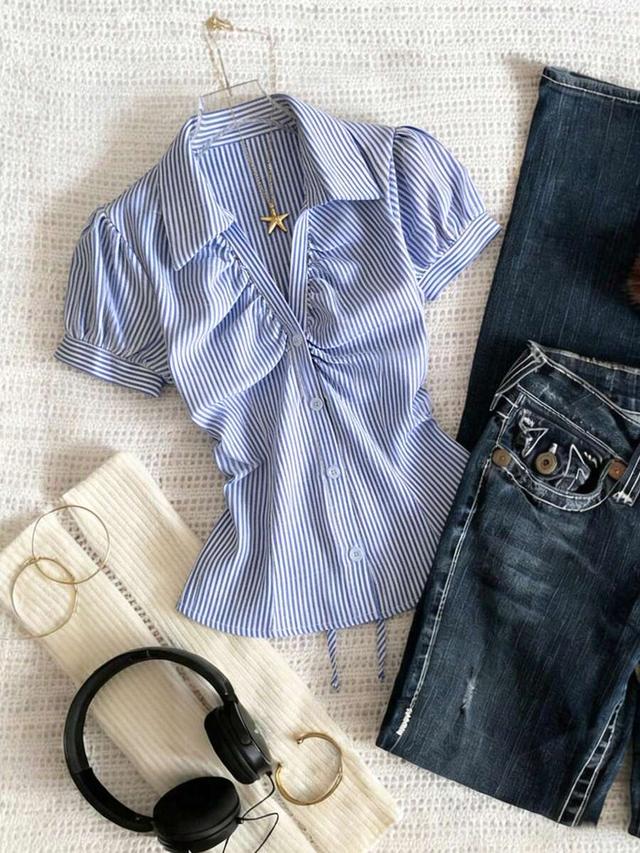 franclia women blue white stripe button ruched v-collar shirt