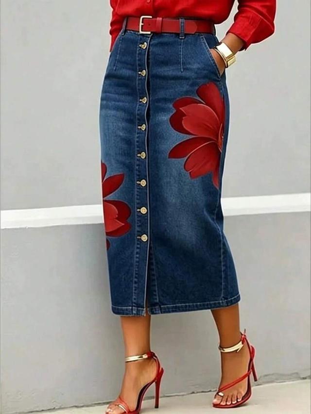 women elegant big floral print button denim skirt