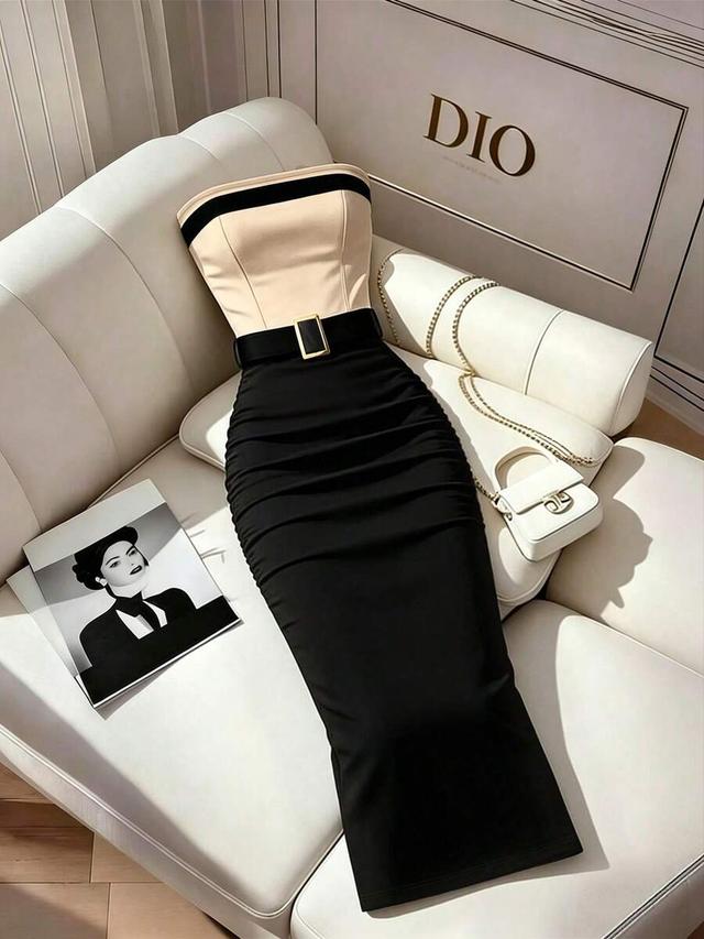 color block strapless bandage midi dress