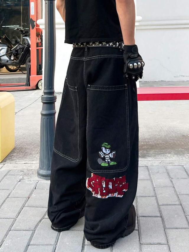 black embroidered wide leg street style denim jeans