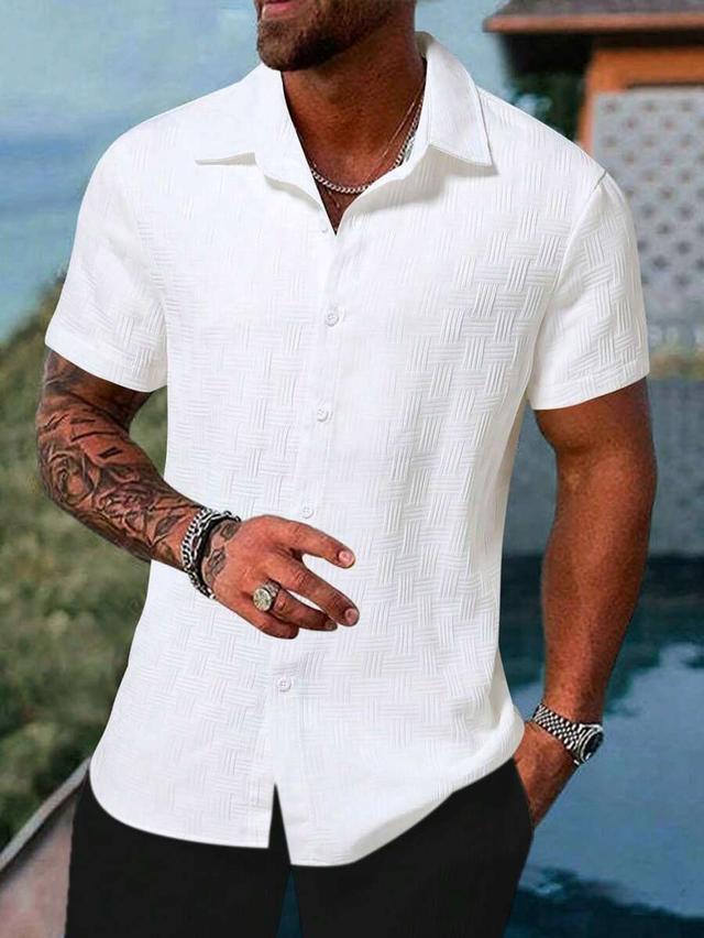 white textured short sleeve button down shirt