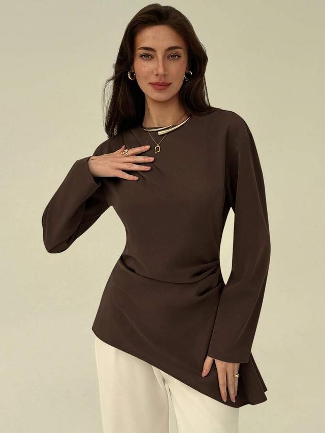asymmetric hem long sleeve boat neck blouse