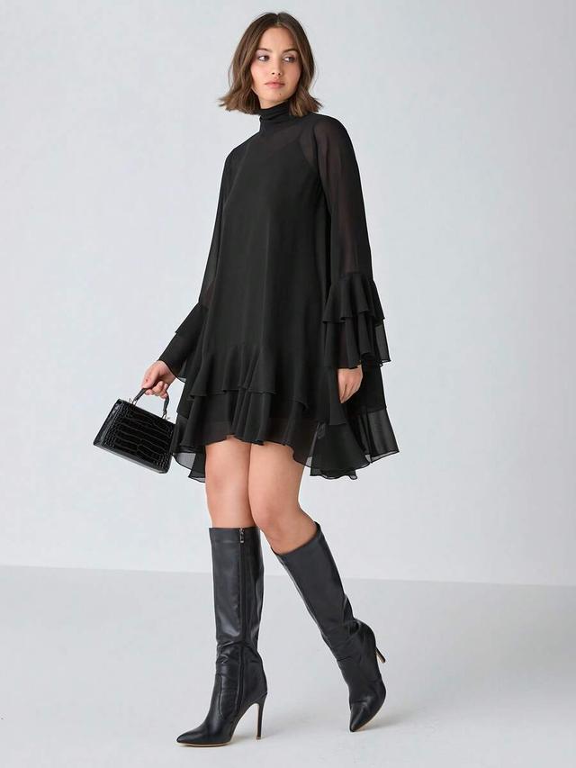 elegant black chiffon patchwork long-sleeved tiered dress