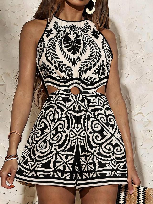 bohemian style floral print hollow out jumpsuit
