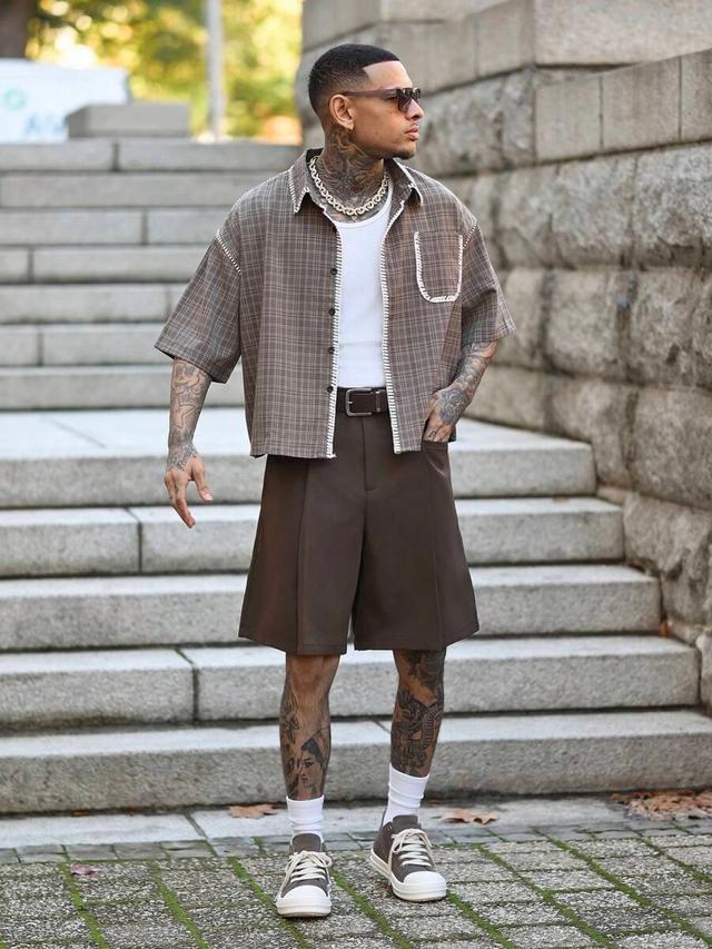 brown pleated loose fit tailored shorts