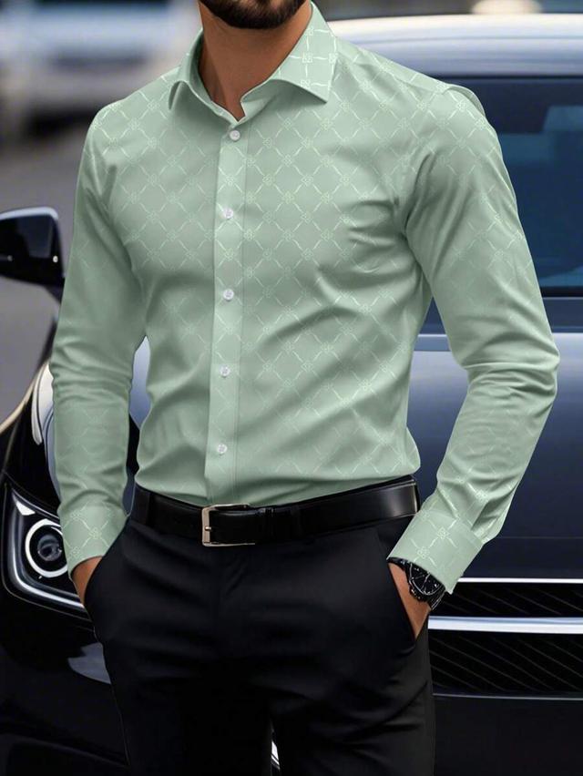 sage green geometric print slim fit dress shirt