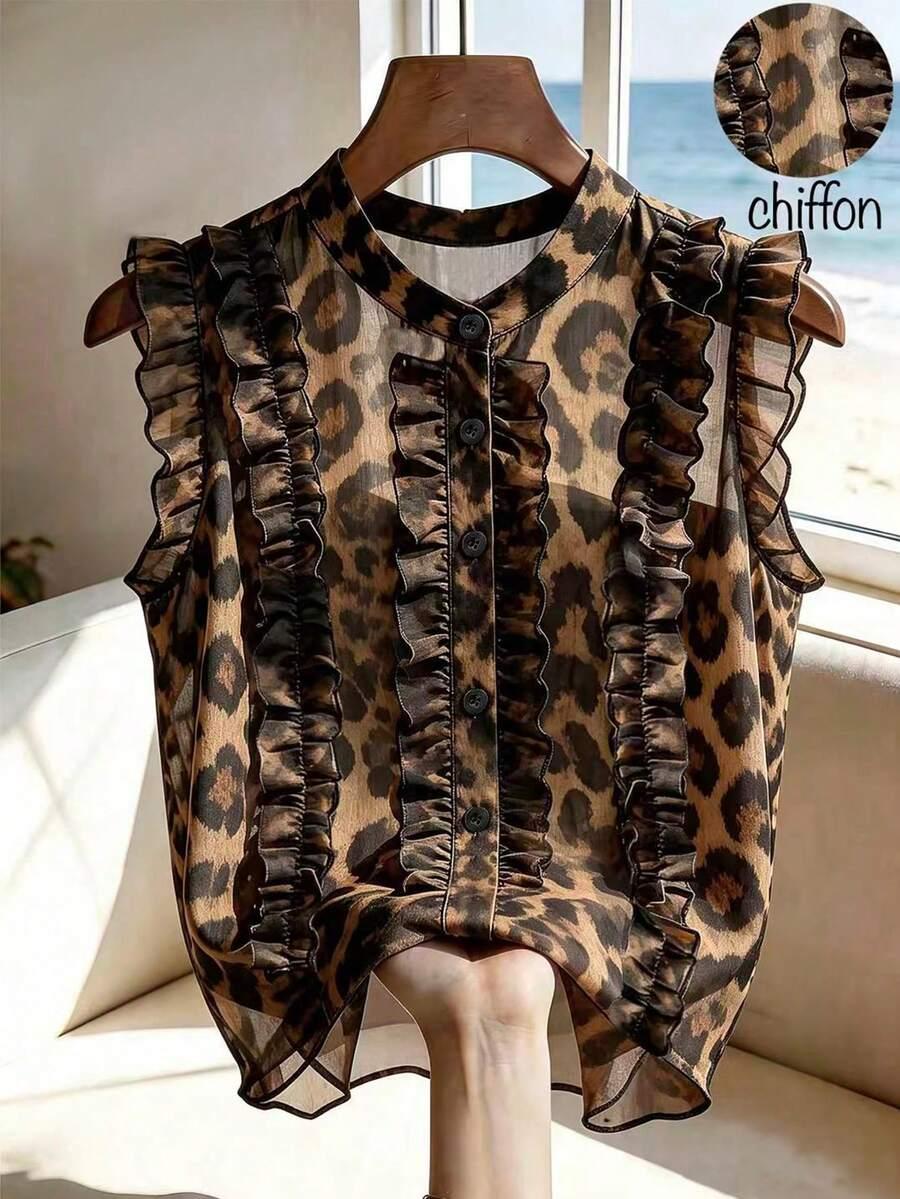 sleeveless brown leopard print chiffon ruffle trim blouse