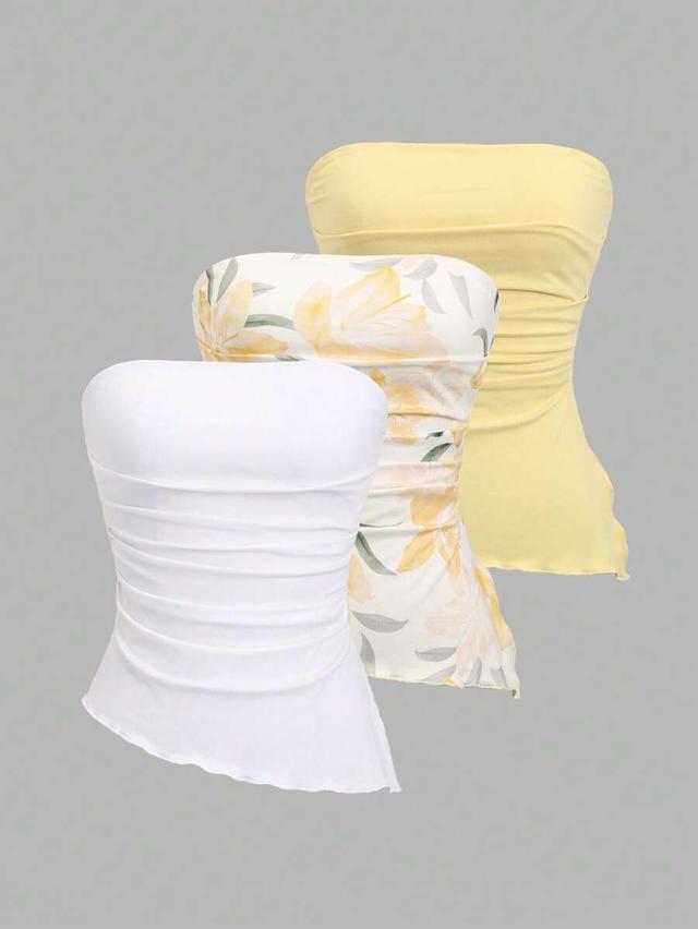 yellow three ruched asymmetric hem bandeau top in white yellow and floral