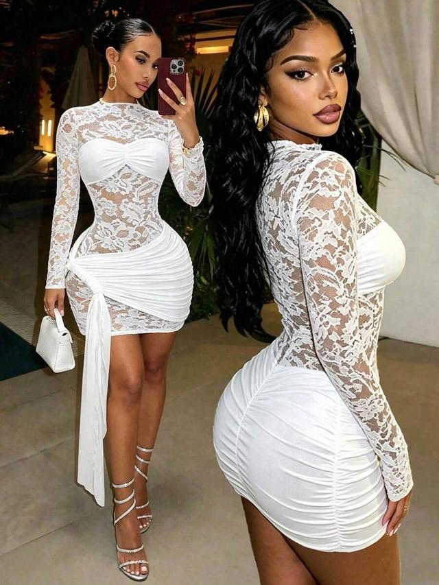 white lace long sleeve ruched bodycon party dress