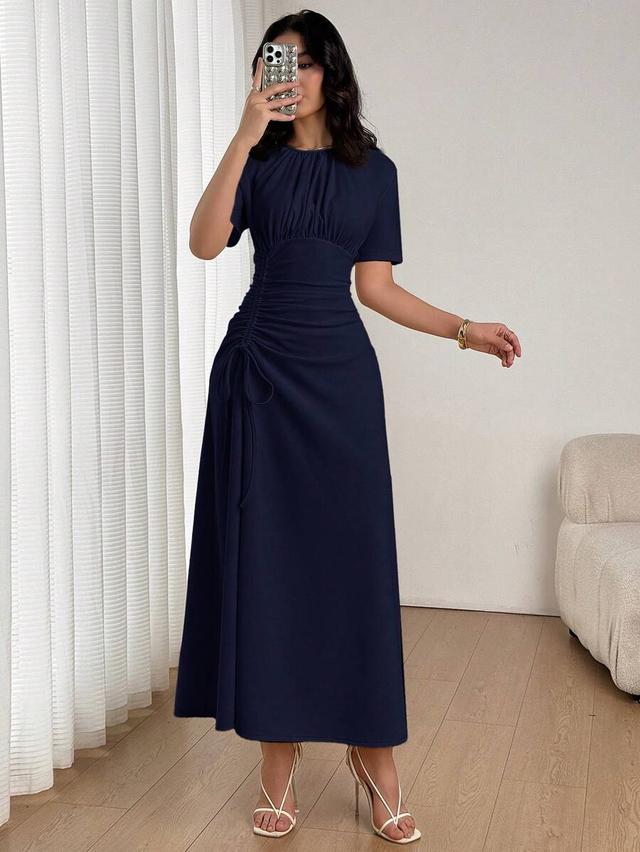 navy blue round neck short sleeve pleated drawstring dress