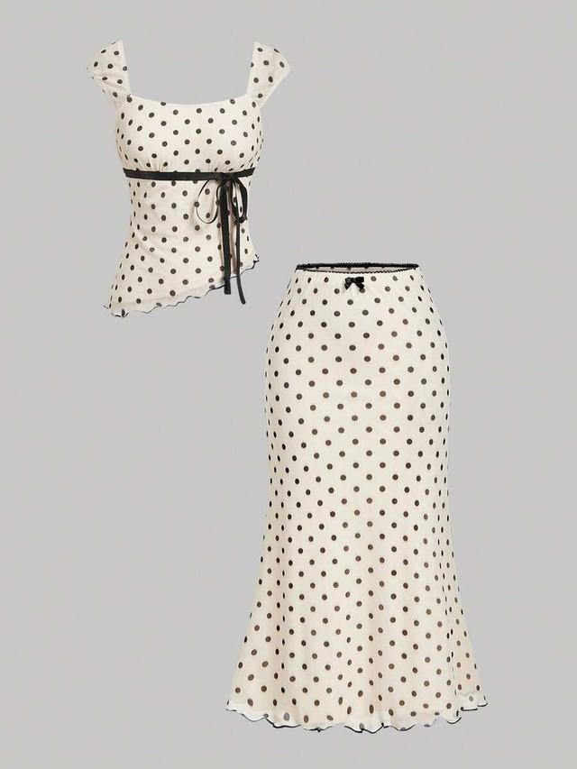 polka dot bow asymmetrical top and mermaid skirt set