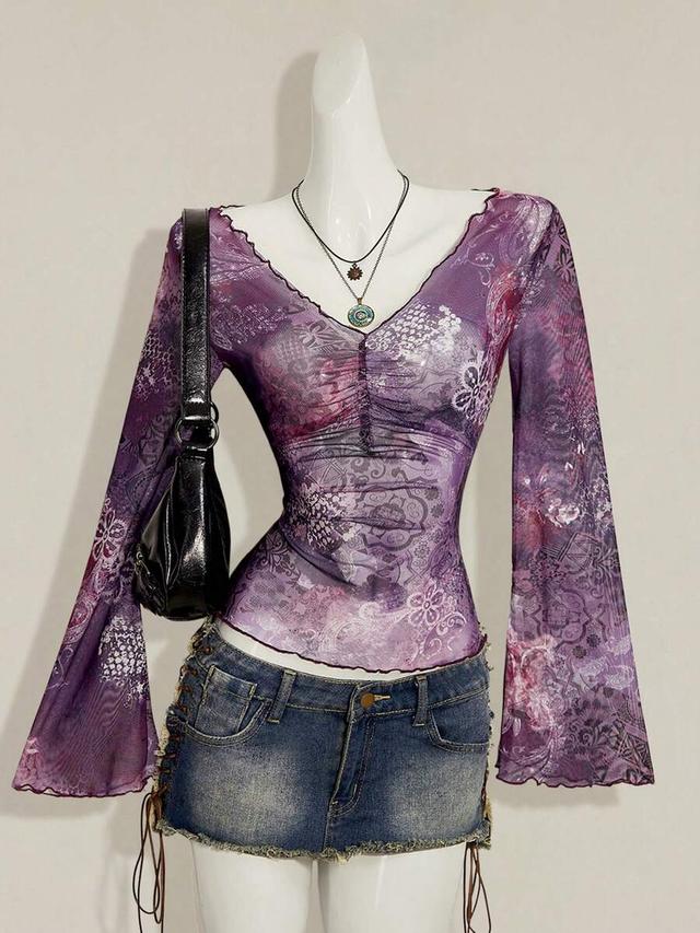 purple floral print v-neck ruched long sleeve blouse