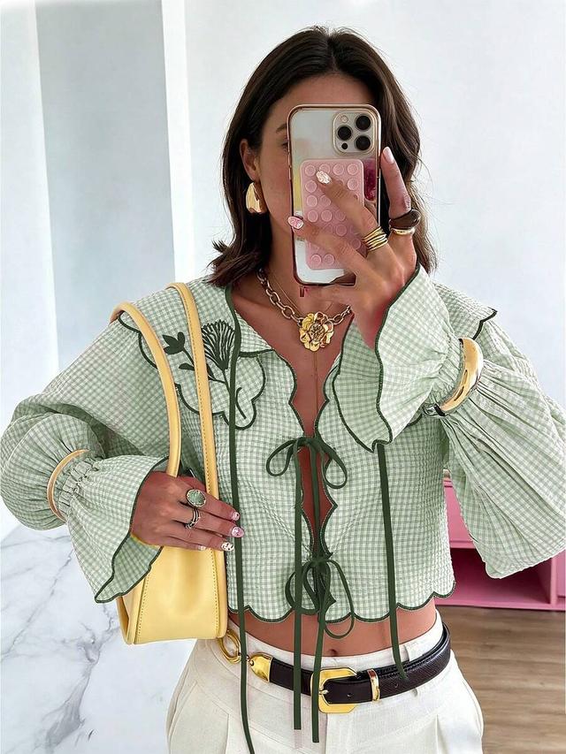 green gingham tie collar ruffle sleeve blouse
