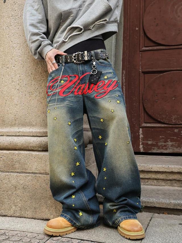 loose wide leg denim jeans with star embroidery