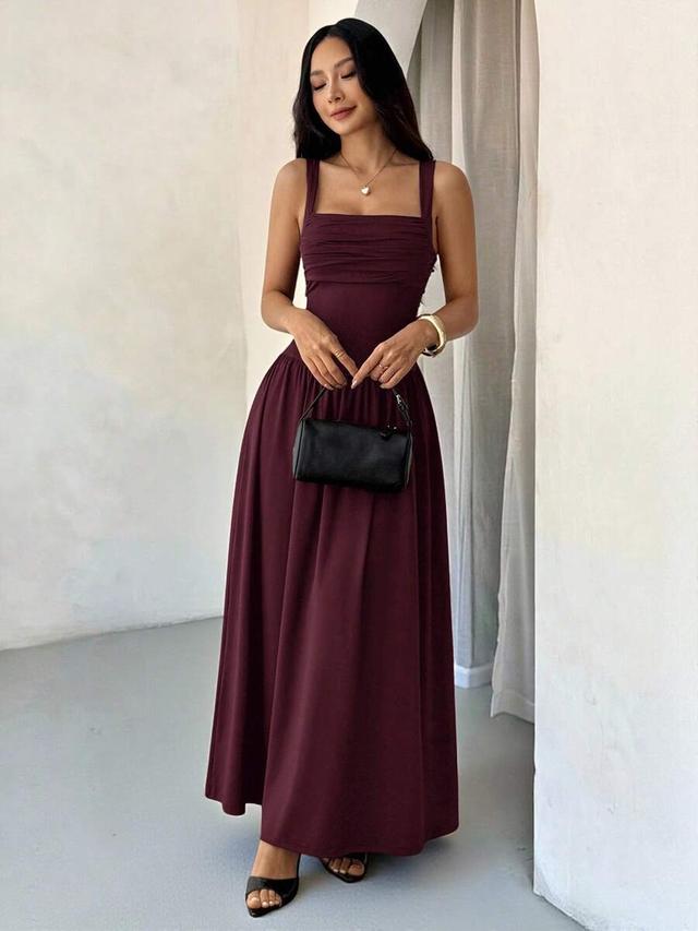 solid brown coffee square collar flared dress