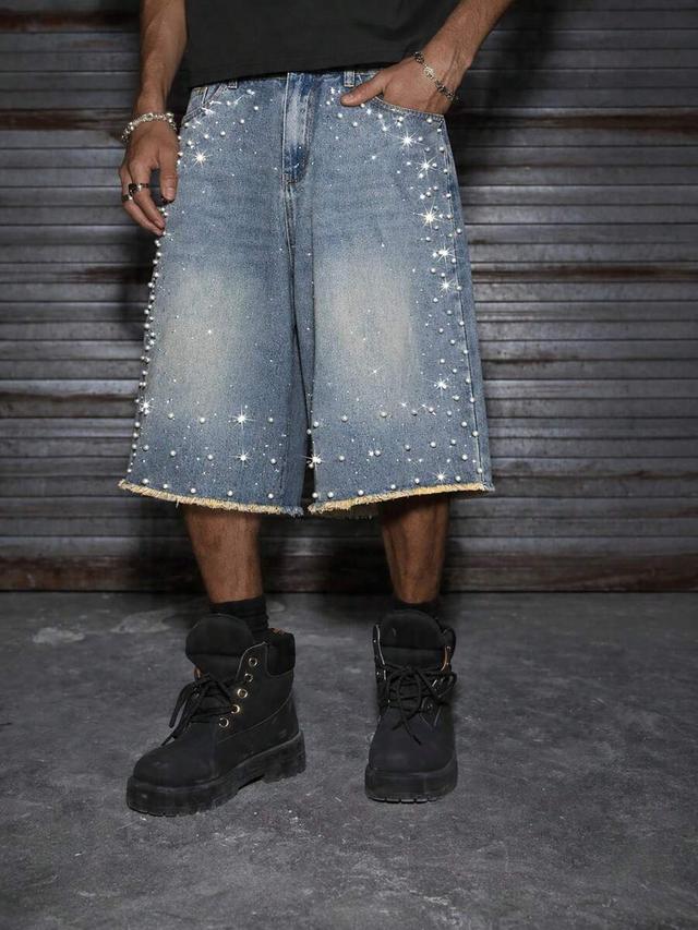 axepeak men's black washed rhinestone studded bermuda shorts