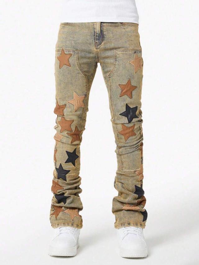 washed brown men's casual acid wash embroidered star jeans