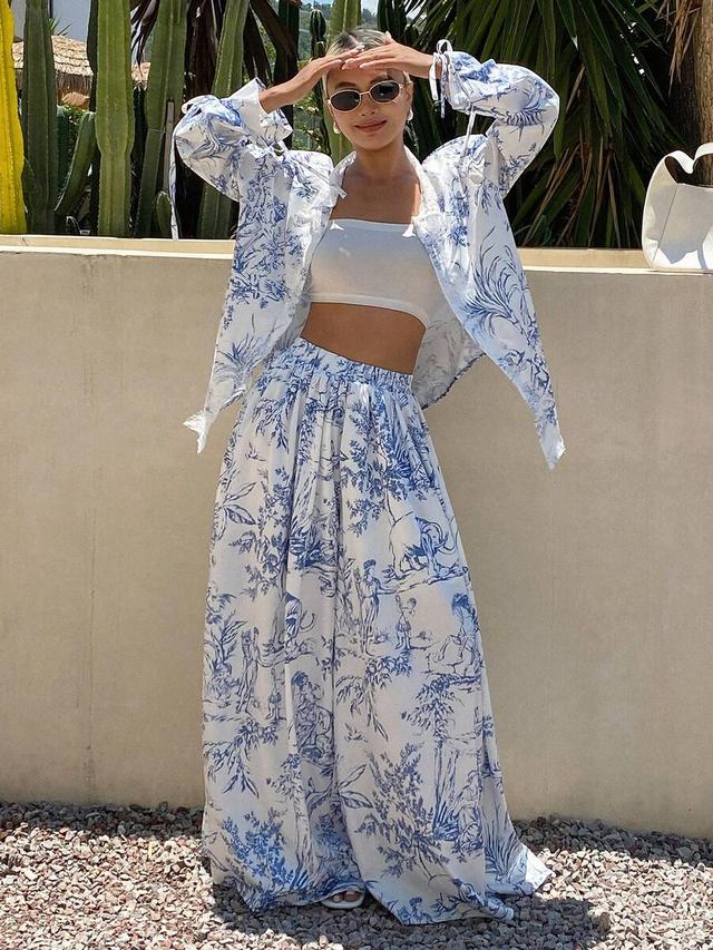 blue and white toile print loose casual long pants