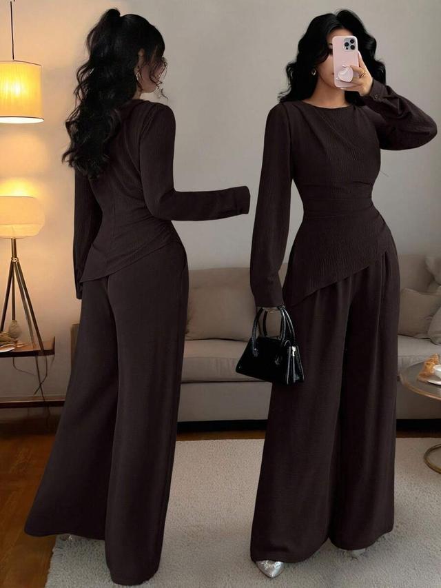 dark brown long sleeve asymmetrical top and trousers set