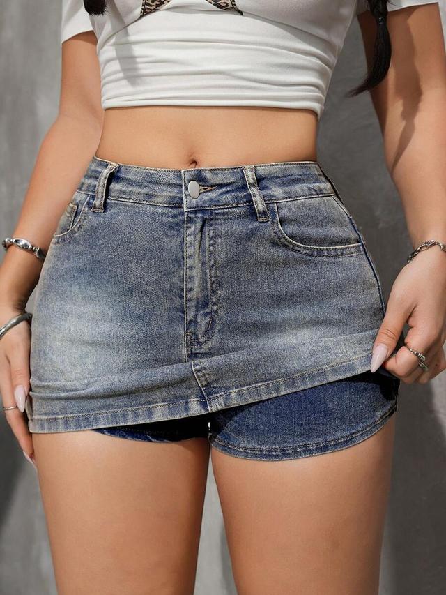 distressed denim skort with classic five pocket styling