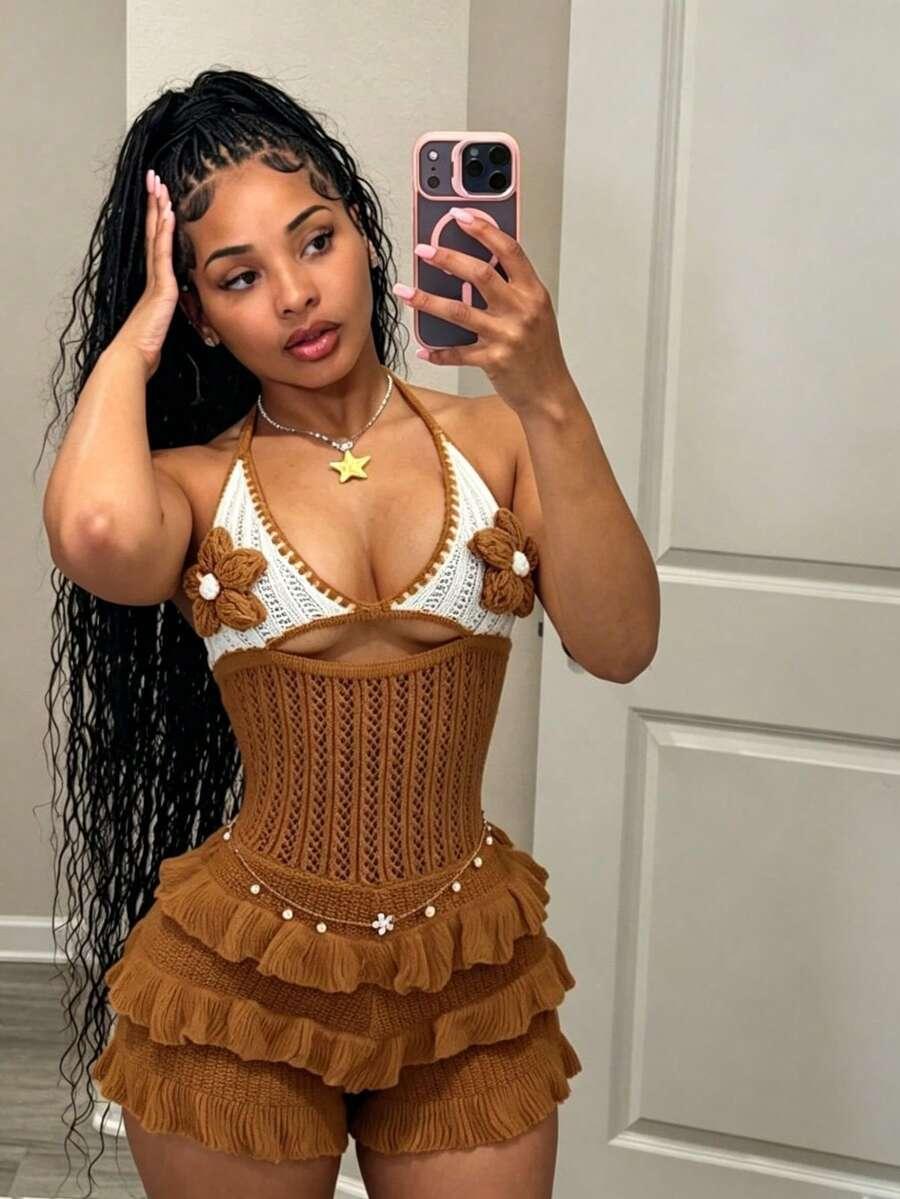 y2k baddie knitted halter romper with floral cutouts