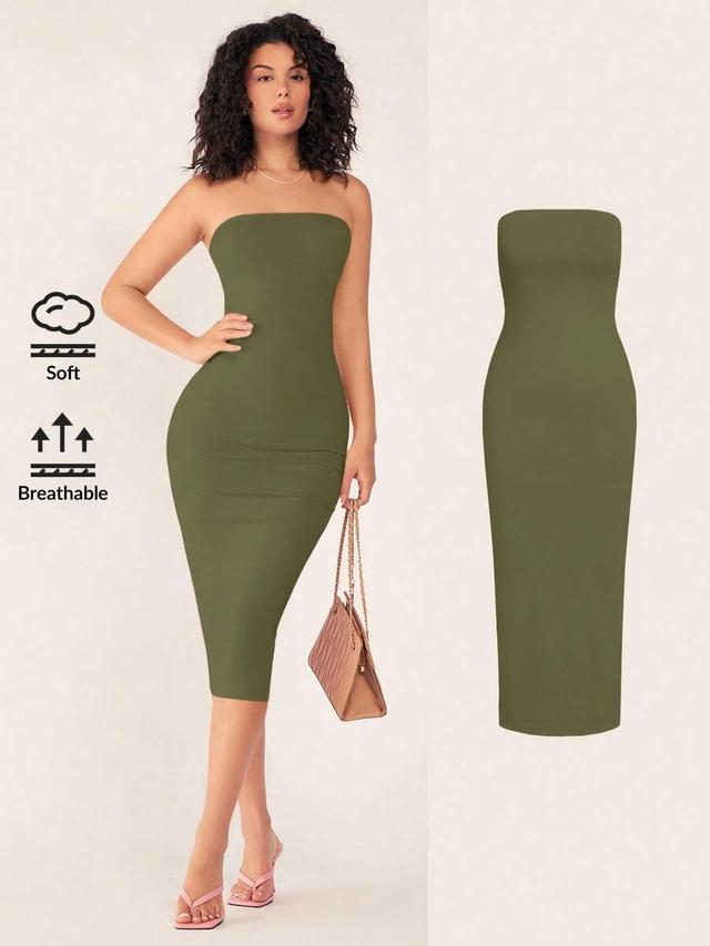 olive green strapless bodycon midi dress