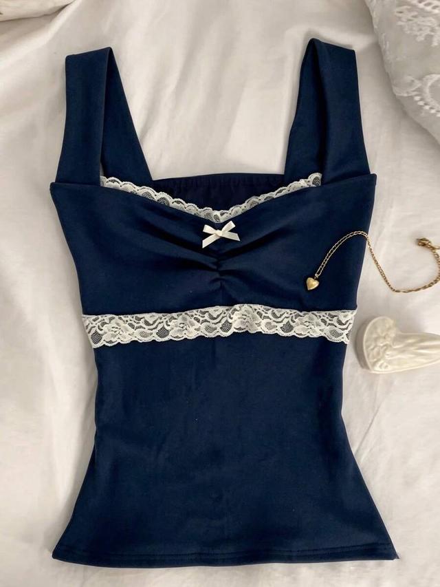 islasuriya navy blue contrast lace bow strap top