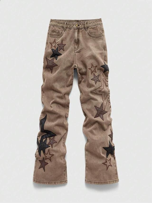 brown denim jeans with star patch detailing